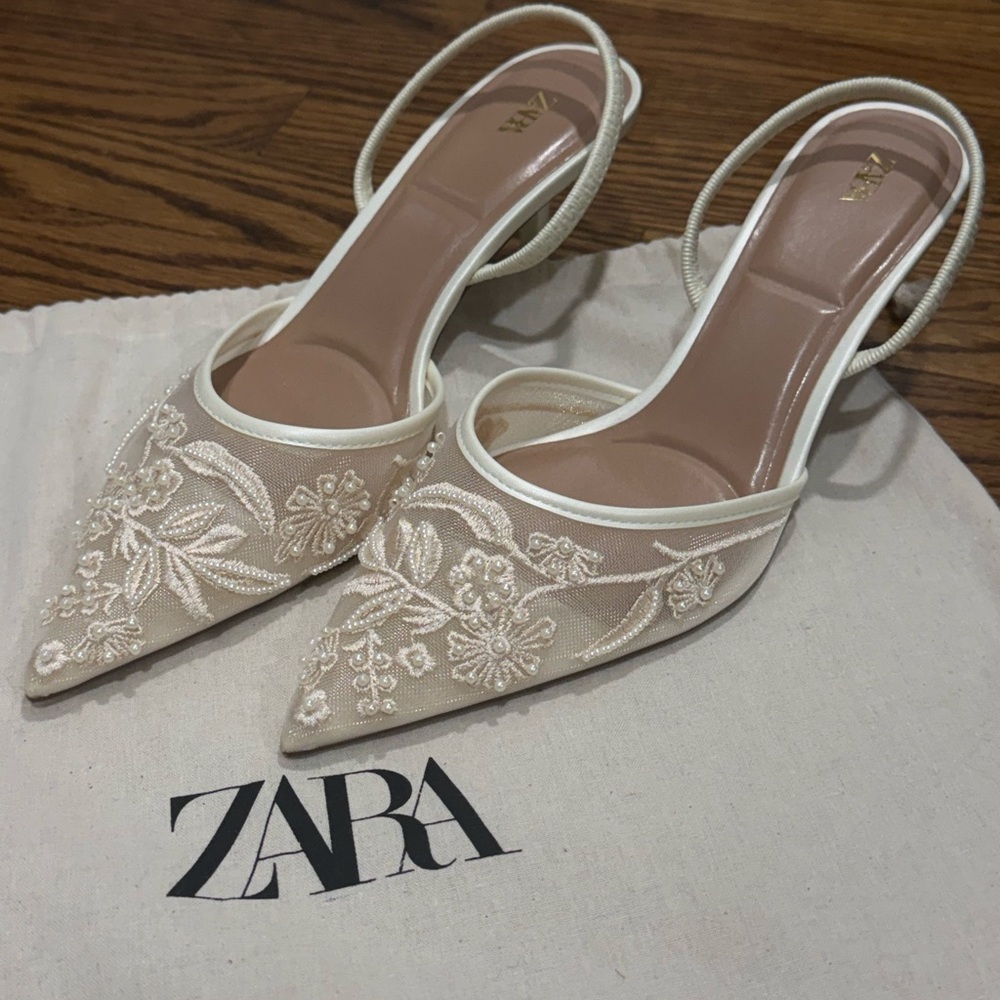 Zara Mesh Embroidered Pointed-Toe Slingback Kitten Heels-Cream/Ivory